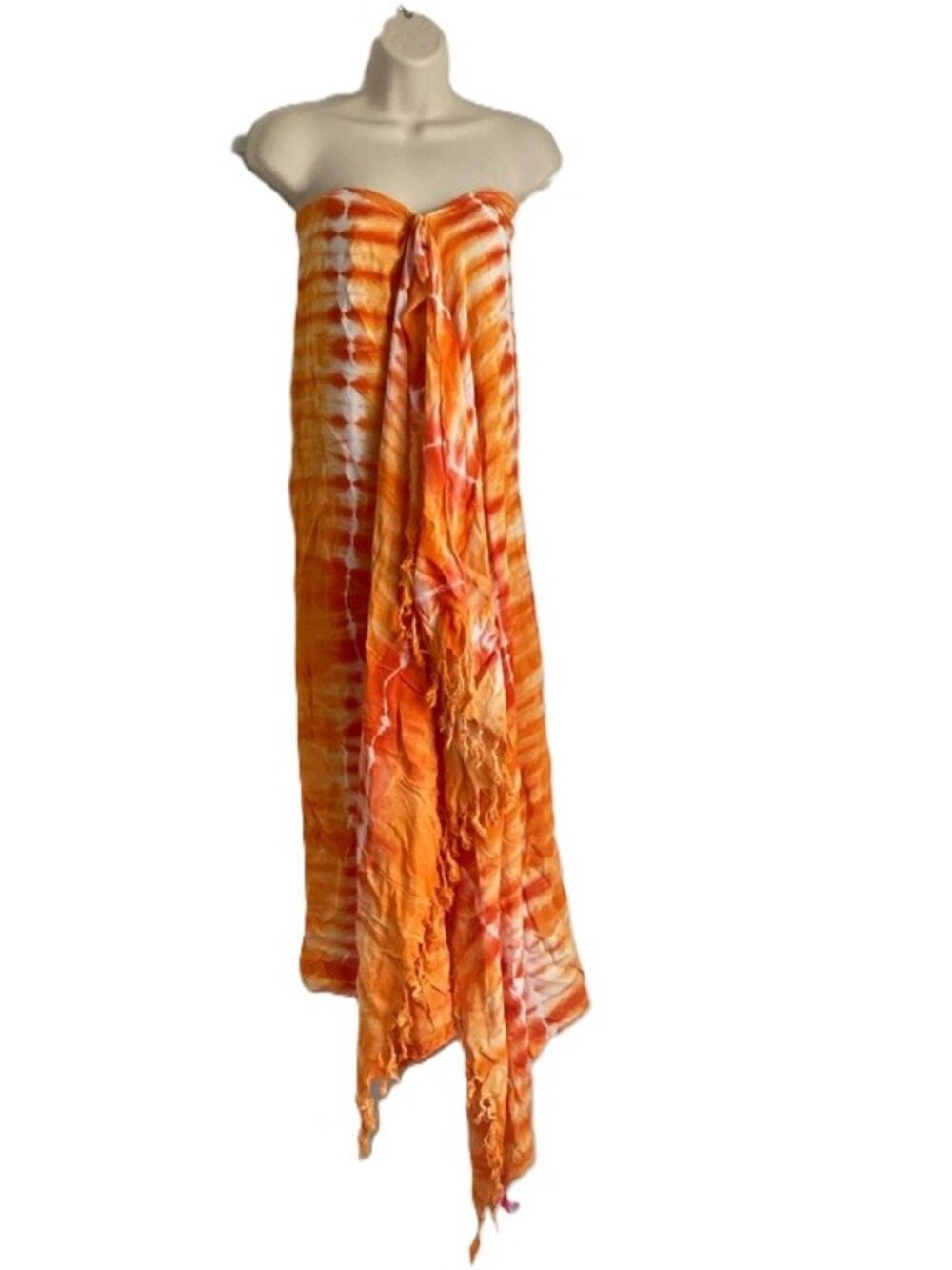 Orange Tie Dye Sarong Swim Cover Up Strapless Knot Fringe Beach Resort Wear OS
